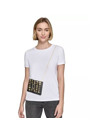 Karl Lagerfeld White Short Sleeve Tee with Black Purse Motif & Gold Print NWT Lg